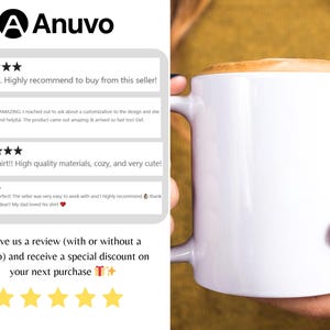 May include: A white ceramic mug filled with a beverage, held by a person with dark blue nail polish. The mug has a large handle and is filled with a light brown liquid topped with a tan foam. The image also includes customer reviews.