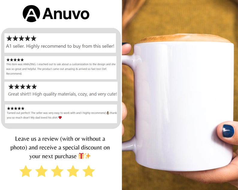 May include: A white ceramic mug filled with a beverage, held by a person with dark blue nail polish. The mug has a large handle and is filled with a light brown liquid topped with a tan foam. The image also includes customer reviews.