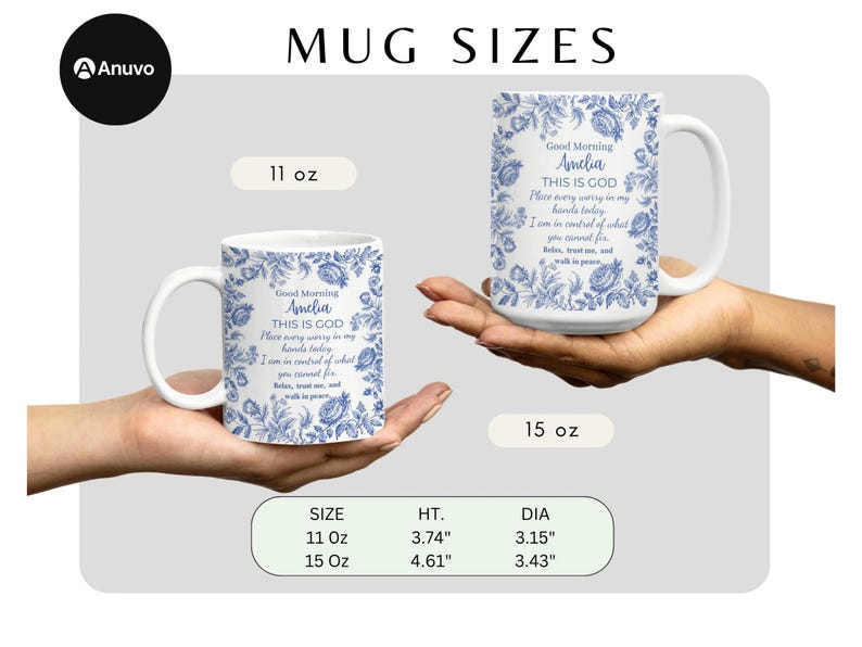 Personalized Christian Mug With Name, Blue Toile Floral Coffee Cup, Good Morning This Is God Prayer Mug, Faith Gift For Women, Bible Verse bild 4