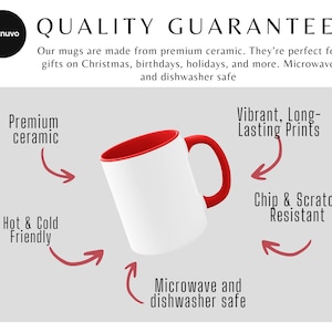 May include: White ceramic mug with a red interior and handle. The image highlights features like "Premium ceramic", "Hot & Cold Friendly", and "Microwave and dishwasher safe". The text reads "QUALITY GUARANTEE".