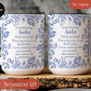 Personalized Christian Mug With Name, Blue Toile Floral Coffee Cup, Good Morning This Is God Prayer Mug, Faith Gift For Women, Bible Verse bild 3