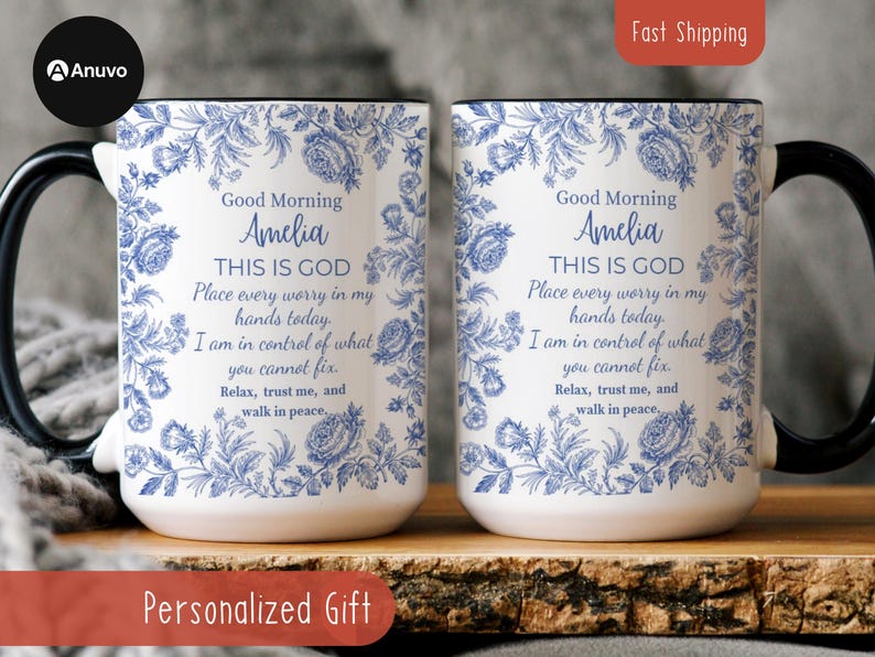 Personalized Christian Mug With Name, Blue Toile Floral Coffee Cup, Good Morning This Is God Prayer Mug, Faith Gift For Women, Bible Verse bild 3