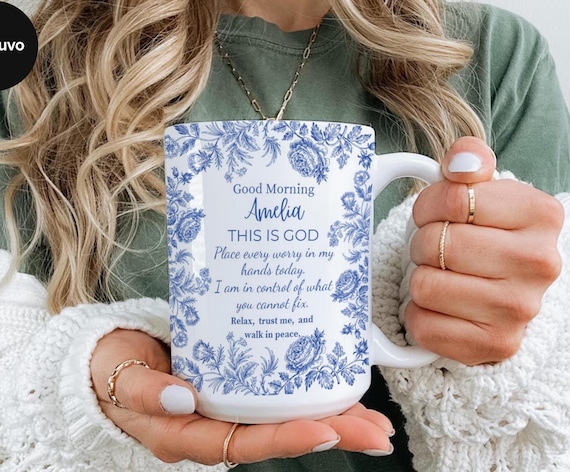 Personalized Christian Mug With Name, Blue Toile Floral Coffee Cup, Good Morning This Is God Prayer Mug, Faith Gift For Women, Bible Verse