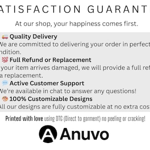 May include: White background with the text "SATISFACTION GUARANTEE" at the top. Below, it reads "At our shop, your happiness comes first." Further down, it lists guarantees: Quality Delivery, Full Refund or Replacement, Active Customer Support, and 100% Customizable Designs. The Anuvo logo is at the bottom.