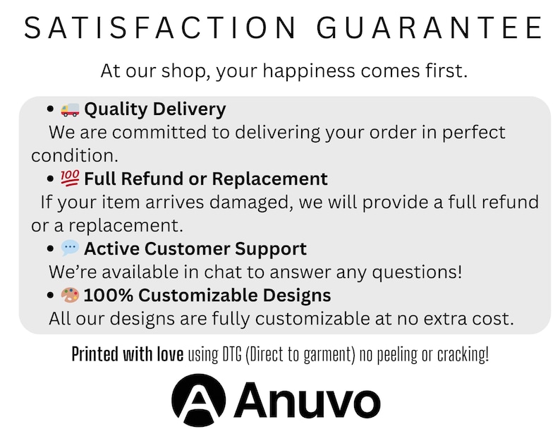 May include: White background with the text "SATISFACTION GUARANTEE" at the top. Below, it reads "At our shop, your happiness comes first." Further down, it lists guarantees: Quality Delivery, Full Refund or Replacement, Active Customer Support, and 100% Customizable Designs. The Anuvo logo is at the bottom.