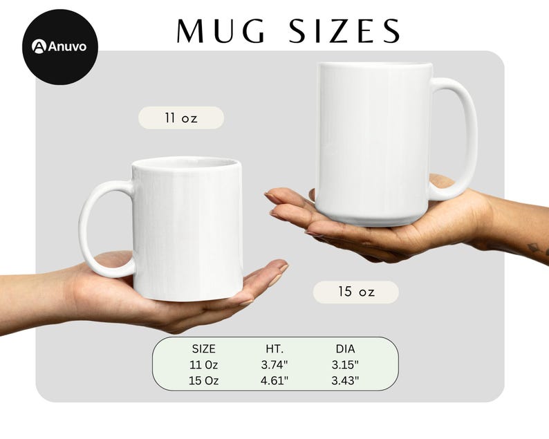 May include: Two white ceramic mugs of different sizes are displayed, held by hands. The image includes text that reads "Mug Sizes." The smaller mug is labeled 11 oz, with a height of 3.74 inches and a diameter of 3.15 inches. The larger mug is 15 oz, with a height of 4.61 inches and a diameter of 3.43 inches.