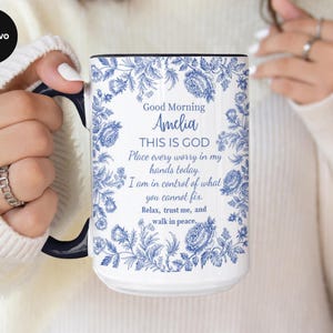 Personalized Christian Mug With Name, Blue Toile Floral Coffee Cup, Good Morning This Is God Prayer Mug, Faith Gift For Women, Bible Verse bild 8