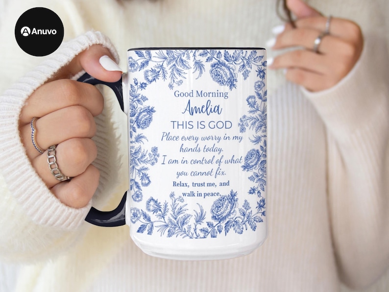 Personalized Christian Mug With Name, Blue Toile Floral Coffee Cup, Good Morning This Is God Prayer Mug, Faith Gift For Women, Bible Verse bild 8
