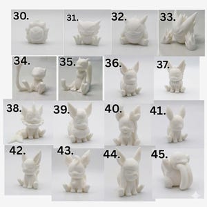 May include: A collection of sixteen small white monochromatic figurines labeled 30 through 45, each depicting a distinct creature with unique features such as pointed ears, tails, or expressive faces, arranged in a grid on a plain white background.