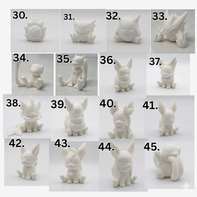 May include: A collection of sixteen small white monochromatic figurines labeled 30 through 45, each depicting a distinct creature with unique features such as pointed ears, tails, or expressive faces, arranged in a grid on a plain white background.