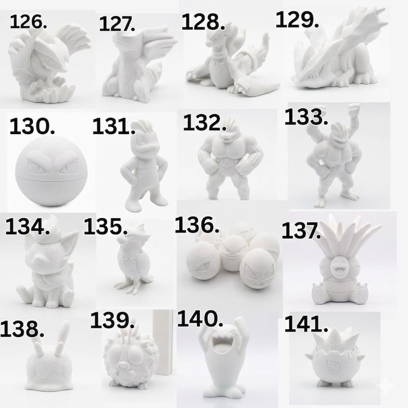May include: A collection of sixteen white 3D printed figures labeled 126 through 141, featuring various creature designs. Each figure is matte white, displaying distinct shapes including spherical, humanoid, and animal-like forms on a plain background.