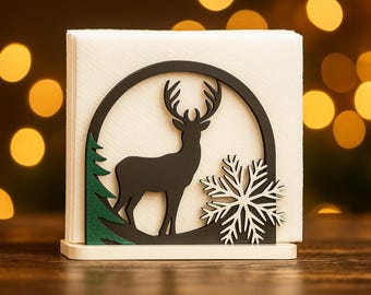 Modern Deer Napkin Holder – 3D Printed Winter Table Decor | Minimalist Christmas Kitchen Accent | Snowflake & Tree Design