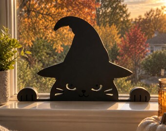 Witch Cat Window Sill Decor, Peeking Black Cat Halloween Decoration