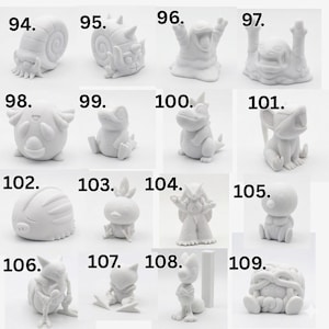 May include: A collection of sixteen small, matte white monochromatic figurines labeled 94 through 109. Each figure depicts a unique creature with distinct features, including snails, bipedal monsters, and rounded animals, all arranged in a grid.