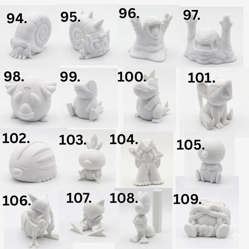 May include: A collection of sixteen small, matte white monochromatic figurines labeled 94 through 109. Each figure depicts a unique creature with distinct features, including snails, bipedal monsters, and rounded animals, all arranged in a grid.