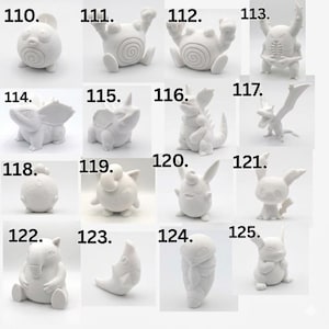 May include: A collection of sixteen white 3D printed figures labeled 110 through 125. Each figure depicts a unique creature with distinct features, including spiral patterns, wings, horns, and pointed ears, arranged in a grid on a plain white background.