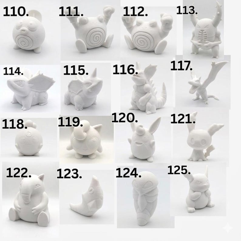 May include: A collection of sixteen white 3D printed figures labeled 110 through 125. Each figure depicts a unique creature with distinct features, including spiral patterns, wings, horns, and pointed ears, arranged in a grid on a plain white background.