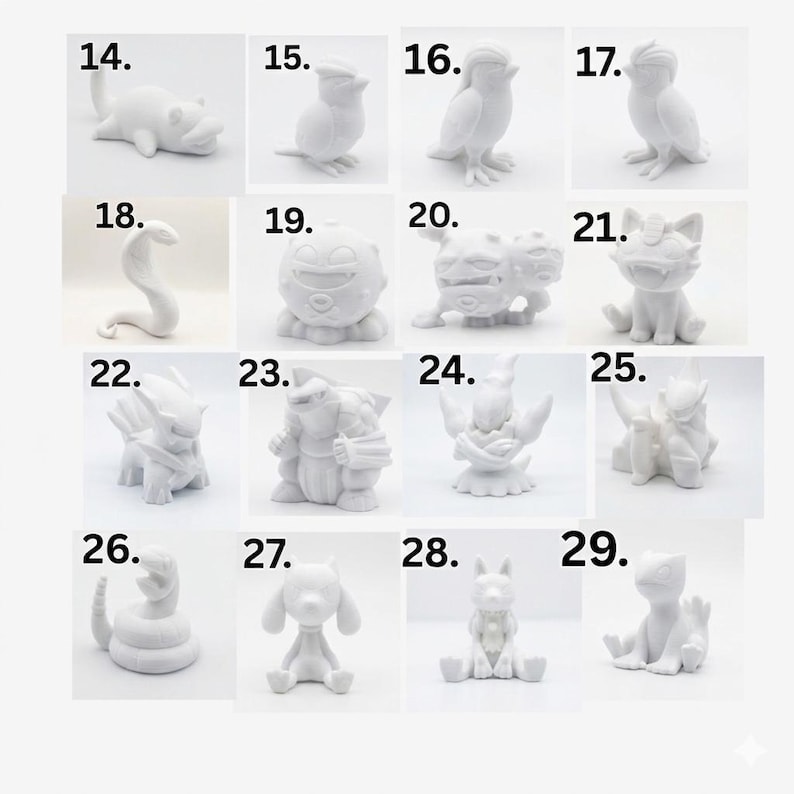 May include: A collection of sixteen small, white, matte-finished figurines arranged in a grid, each labeled with a number from 14 to 29. The figures depict various stylized creatures with distinct shapes, including birds, snakes, and other fantasy-inspired forms.