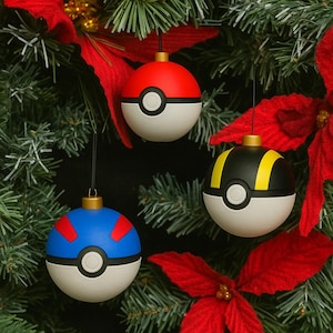 Mini PokéBall Christmas Ornaments pack| 3D Printed Pokéball Tree Decorations | Great Ball, Ultra Ball & Poké Ball Set | Pokémon Gift Idea