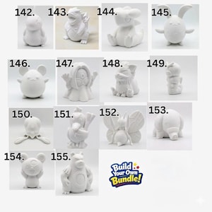 May include: A collection of fourteen white 3D printed character figurines numbered 142 through 155, each featuring distinct shapes and features. A colorful logo in the bottom right corner displays the text Build Your Own Bundle! in blue and yellow.