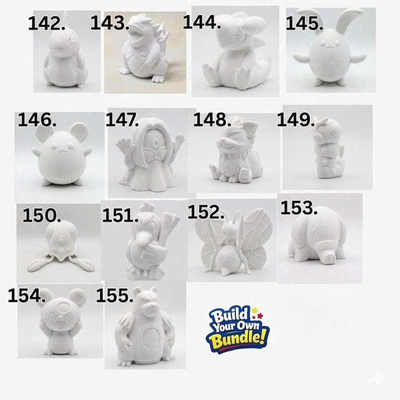 May include: A collection of fourteen white 3D printed character figurines numbered 142 through 155, each featuring distinct shapes and features. A colorful logo in the bottom right corner displays the text Build Your Own Bundle! in blue and yellow.