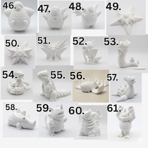 May include: A collection of sixteen white, matte-finished 3D printed figurines labeled 46 through 61. Each figure depicts a distinct creature with unique anatomical features, including star shapes, aquatic forms, and bipedal characters, all arranged in a grid.