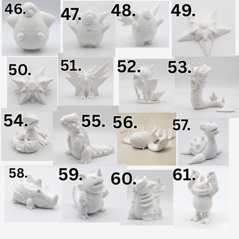 May include: A collection of sixteen white, matte-finished 3D printed figurines labeled 46 through 61. Each figure depicts a distinct creature with unique anatomical features, including star shapes, aquatic forms, and bipedal characters, all arranged in a grid.