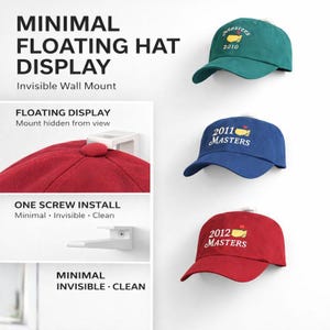 May include: A display showcasing three baseball caps in green, blue, and red, each with the text "Masters" and a year. The caps are mounted on a white wall, with the text "Minimal Floating Hat Display" at the top.