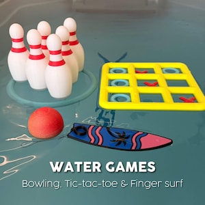 May include: A set of floating water games including white bowling pins with red stripes on a blue ring, a yellow tic-tac-toe board with blue circles and red crosses, a red ball, and a blue and pink surfboard. Text reads WATER GAMES Bowling, Tic-tac-toe & Finger surf.