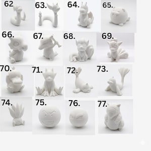 May include: A collection of sixteen small white 3D printed figurines arranged in a grid, each labeled with a number from 62 to 77. The figures depict various stylized creatures with distinct shapes, including rounded, winged, and multi-tailed forms.