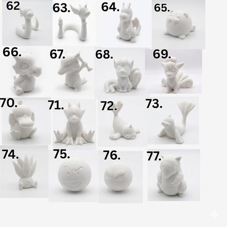 May include: A collection of sixteen small white 3D printed figurines arranged in a grid, each labeled with a number from 62 to 77. The figures depict various stylized creatures with distinct shapes, including rounded, winged, and multi-tailed forms.