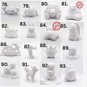 May include: A collection of sixteen white, unpainted 3D printed figurines numbered 78 through 93, featuring various creature designs. Each small, matte-finished sculpture displays distinct character shapes, including rounded, angular, and detailed forms.