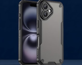 May include: A black and gray phone case with a rugged design. The case has a dual-layer construction, with a hard outer shell and a soft inner lining. The case is designed to protect the phone from drops and scratches. The phone case is shown with a black phone.