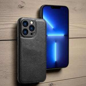Op de afbeelding: Een zwarte leren telefoonhoes met een getextureerd oppervlak en een cameramodule met meerdere lenzen. De hoes staat naast een smartphone met een helderblauw scherm, tegen een houten achtergrond.