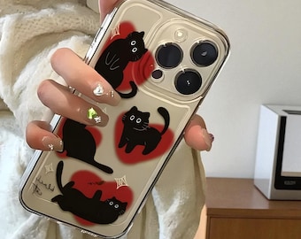 Schattige zwarte kat iPhone-hoesje met liefdeshartjes | Cartoon Y2K-telefoonhoes voor iPhone 16 15 14 13 12 11 Pro Max XR XS 8 7 Plus