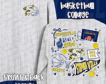 Könnte beinhalten: Ein weißes Sweatshirt mit Front- und Rückendesign. Die Vorderseite zeigt einen Basketball und einen stilisierten Buchstaben "S" mit gelben und blauen Akzenten. Die Rückseite hat eine Basketball-Collage mit dem Text "Stephenville Jackets Blue & Gold".