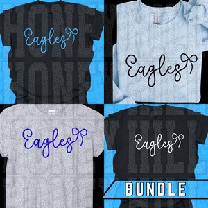 May include: A collection of four t-shirts, each featuring the word "Eagles" in a cursive font with a bow accent. The shirts are in black, light blue, gray, and dark gray. The bottom right shirt has the word "BUNDLE" below it.