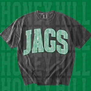 May include: A charcoal grey short-sleeve t-shirt featuring the word JAGS printed in large, white, vertically striped block letters across the chest. The garment has a crew neckline and a vintage-style washed finish with a visible brand tag.