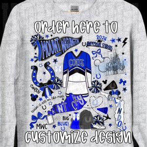 Könnte beinhalten: Ein weißes Sweatshirt mit einem blau-weißen Grafikdesign. Das Design enthält den Text "Order here to customize design" und "Mount Washington", eine Cheerleader-Uniform, ein Hufeisen und den Text "Colts".