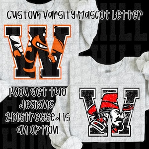 Peut inclure: Des sweat-shirts blancs avec des motifs de lettres de mascotte universitaire personnalisées. La lettre "W" est présentée en orange, noir et blanc, avec des illustrations de mascottes. Le texte "Custom Varsity Mascot Letter" et "You get two designs" est également visible.
