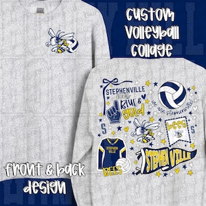 K&ouml;nnte beinhalten: Ein wei&szlig;es Sweatshirt mit Front- und R&uuml;ckendesign. Die Vorderseite zeigt eine Bienen-Grafik. Die R&uuml;ckseite zeigt eine Volleyball-Collage mit dem Text "Stephenville Bees Blue & Gold". Das Design umfasst Sterne und einen Volleyball.