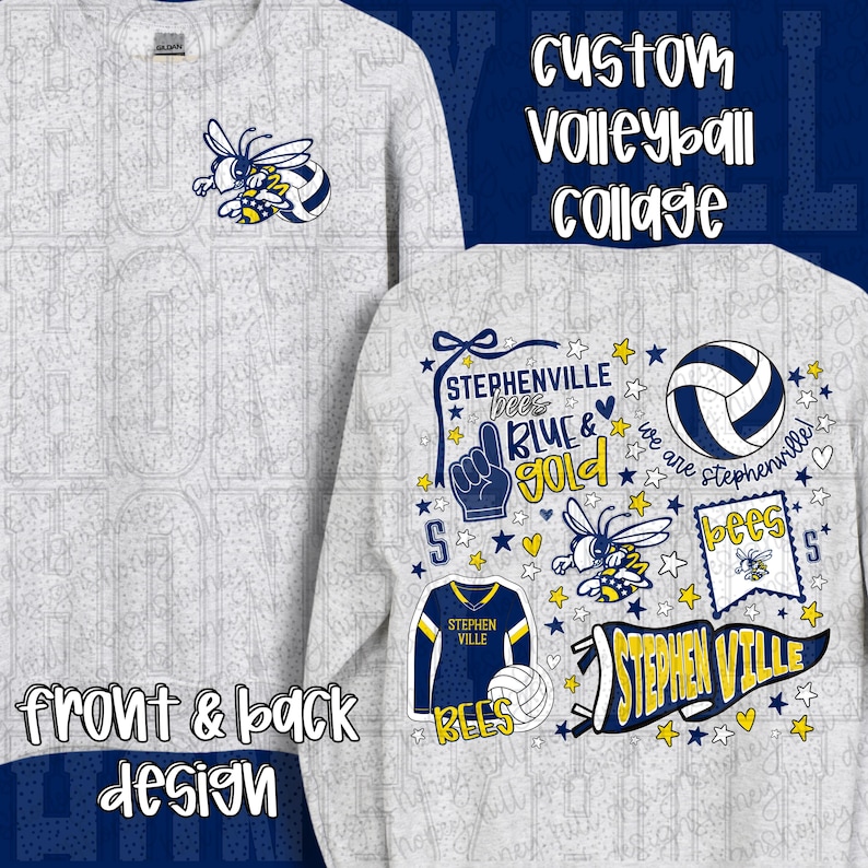 K&ouml;nnte beinhalten: Ein wei&szlig;es Sweatshirt mit Front- und R&uuml;ckendesign. Die Vorderseite zeigt eine Bienen-Grafik. Die R&uuml;ckseite zeigt eine Volleyball-Collage mit dem Text "Stephenville Bees Blue & Gold". Das Design umfasst Sterne und einen Volleyball.