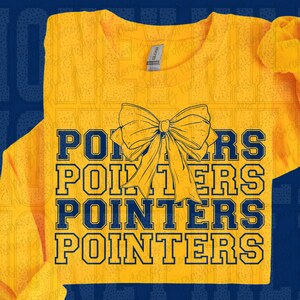 May include: A bright yellow long-sleeve sweatshirt featuring a large, centered graphic of a yellow bow. The word POINTERS is printed in bold, dark blue block lettering four times, stacked vertically behind the bow graphic.