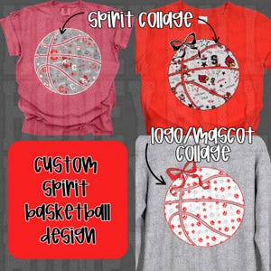 Puede incluir: Cuatro prendas con dise&ntilde;os de baloncesto. Dos camisetas rojas, una camiseta rosa y una sudadera gris. Los balones de baloncesto presentan logotipos de equipos y huellas de patas. Un cuadrado rojo tiene el texto "CUSTOM SPIRIT BASKETBALL DESIGN".