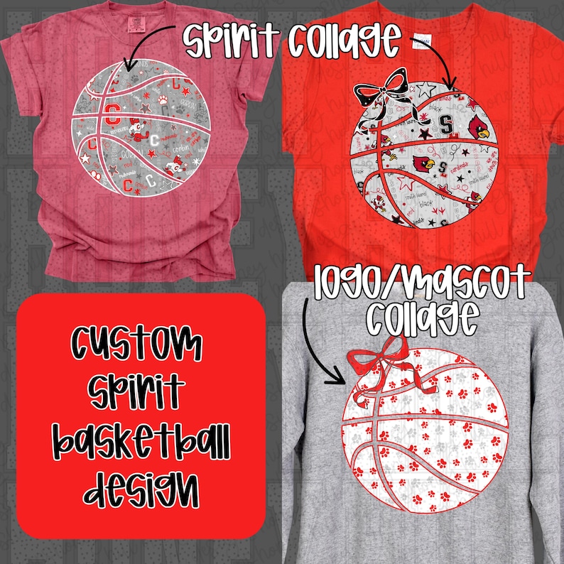 Puede incluir: Cuatro prendas con dise&ntilde;os de baloncesto. Dos camisetas rojas, una camiseta rosa y una sudadera gris. Los balones de baloncesto presentan logotipos de equipos y huellas de patas. Un cuadrado rojo tiene el texto "CUSTOM SPIRIT BASKETBALL DESIGN".