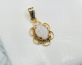 Vintage 14K Gold Fiery Natural White Opal Pendant
