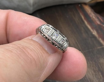18K White Gold Art Deco Three Stone Ring, Old Cut Diamonds Filigree Band