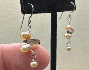 Freshwater Pearl Smoky Quartz Dangle Earrings, Sterling Silver Wire Wrapped, Champagne Drop, Artisan Cascade