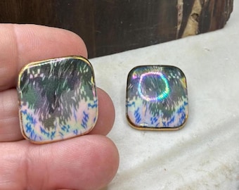 Iridescent Art Glass Stud Earrings, Abstract Painterly Surface, Gold Tone Bezel