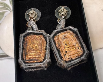 Thai Buddha Amulet Earrings, Gold Leaf Textile Wrapped Silver Tone Findings